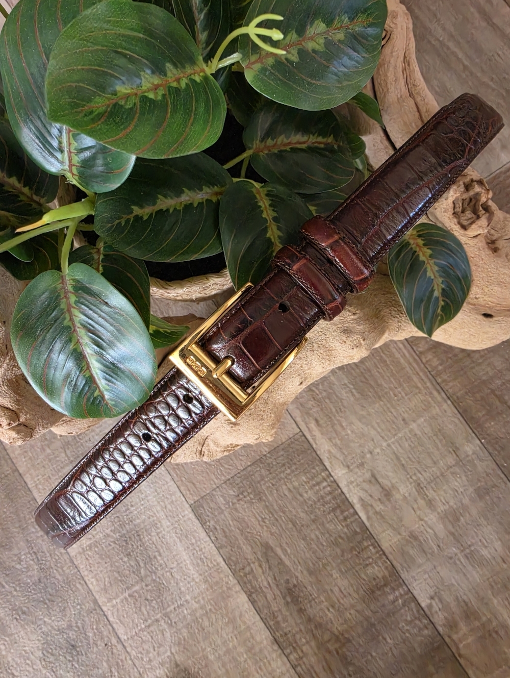 Ralph Lauren Women's Croc Embossed Brown Leather Belt